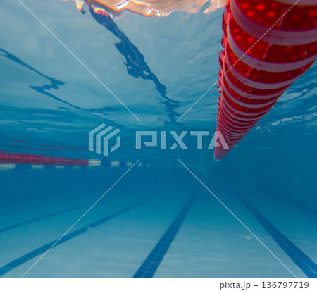 Underwater view of empty swimming pool lane Underwater view of empty swimming pool lane 136797719