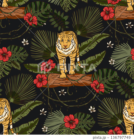 Exotic tropical animal wild tiger seamless pattern. 136797749