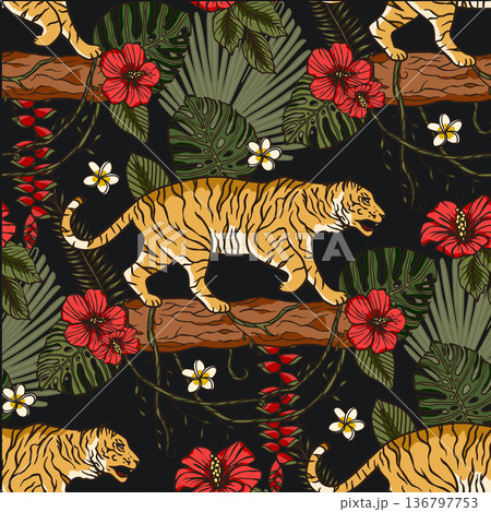 Exotic tropical animal wild tiger seamless pattern. Exotic tropical animal wild tiger seamless pattern. 136797753