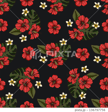 Red tropical hibiscus flower seamless pattern. Red tropical hibiscus flower seamless pattern. 136797756
