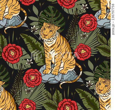 Exotic tropical animal wild tiger seamless pattern. Exotic tropical animal wild tiger seamless pattern. 136797758