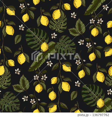 Lemon fruit tropical seamless pattern on a black background. 136797762
