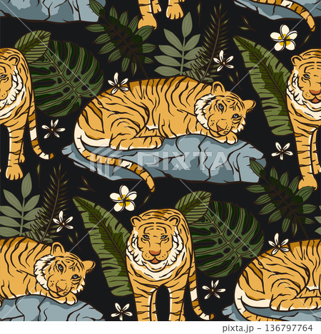 Exotic tropical animal wild tiger seamless pattern. Exotic tropical animal wild tiger seamless pattern. 136797764