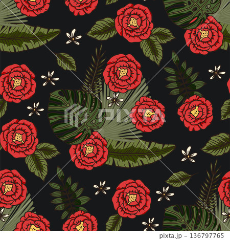 Red tropical rose hibiscus flower, monstera seamless pattern. 136797765