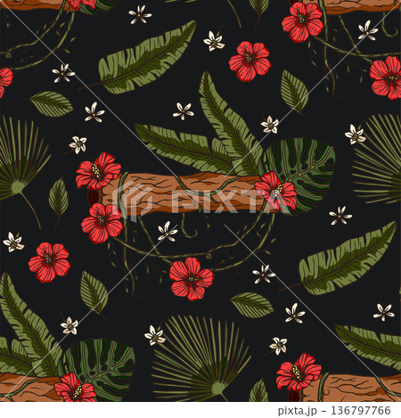 Red tropical hibiscus flower seamless pattern. 136797766