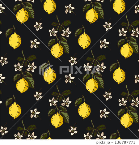 Lemon fruit tropical seamless pattern on a black background. 136797773