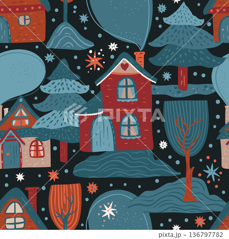 Nordic forest house seamless vector pattern.  136797782