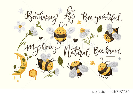 Cute honey bee funny illustration set. Cute honey bee funny illustration set. 136797784