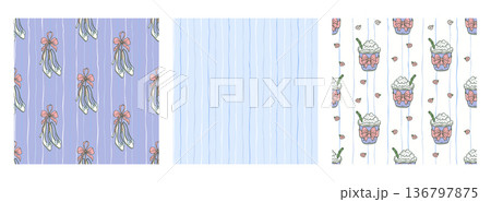 Coquette Coffee Bow High Heels Shoes Seamless Pattern Vector Set Blue Striped Background Cottagecore Feminine Aesthetic Collection 136797875