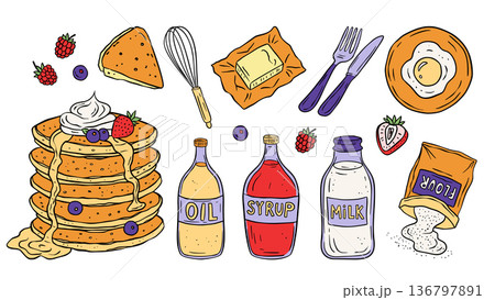 Pancake Breakfast Cooking Ingredients In Sketch Retro Doodle Style Cartoon Set 136797891