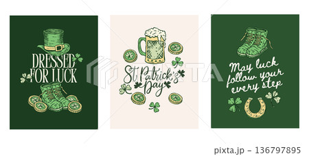 Patrick Poster Card TShirt Print Apparel Costume Vector Collection Vintage Handdrawn Hat Boots Coins 136797895