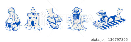 Summer Sea Vacation Beach Set - Child Sandcastle, Flip Flops, Women Relaxing, Sea Beach Doodle Sketch Vector Collection 136797896