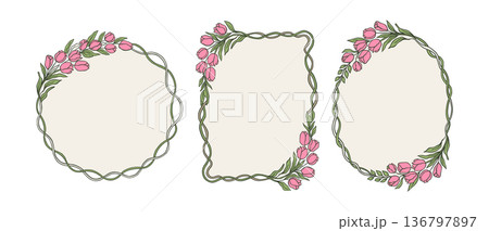 Spring Coquette Floral Tulip Frame Vector Set - Handdrawn Whimsical Girly Design for Card, Invitation, Label, Tag, Poster 136797897