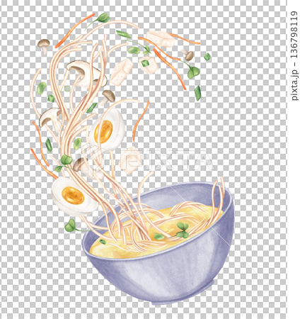 Flying ramen ingredients in bowl watercolor illustration on isolated background. Boiled noodles, halved eggs, mushrooms, tofu slices, chopped vegetable in golden broth. Healthy vegan Asian food. 136798119