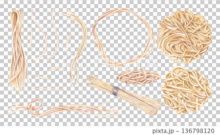 Long pasta of different types and at different stages of cooking clip art watercolor illustration on isolated background. Boiled and uncooked spaghetti set. Pile of noodles bundle. 136798120