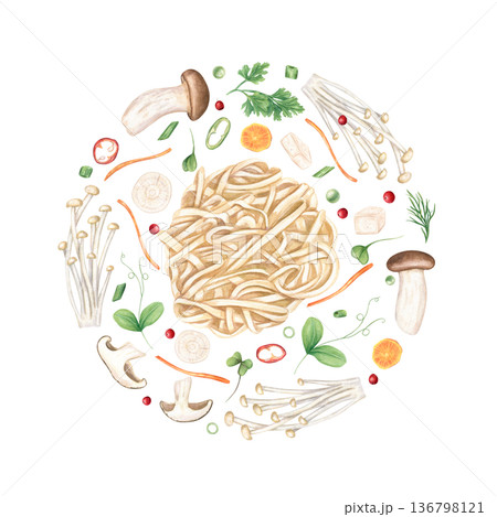 Asian cuisine ingredients in circle watercolor illustration on isolated background. Boiled oodles, mushrooms, tofu, mushrooms, carrot and radish slices, herbs clip art for menu design. 136798121
