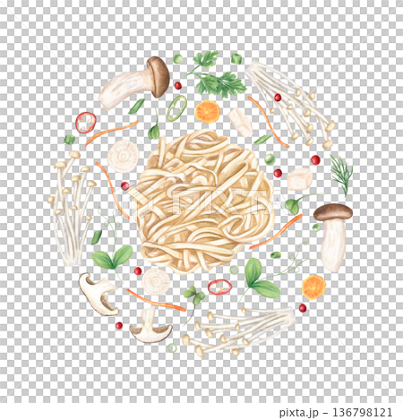 Asian cuisine ingredients in circle watercolor illustration on isolated background. Boiled oodles, mushrooms, tofu, mushrooms, carrot and radish slices, herbs clip art for menu design. 136798121