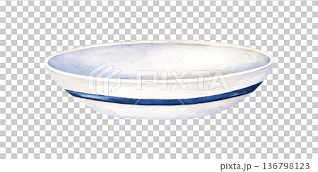 Watercolor white plate with blue rim for food illustration on isolated background. Empty porcelain or ceramic bowl sketch. Round tableware for menu design, kitchen decor, oriental cuisine. 136798123