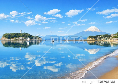 浜辺より江の島と富士山を望む 136798188