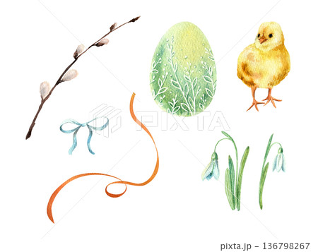 A set of hand-drawn watercolor illustrations in pastel colors on an Easter theme, isolated on a white background, for textiles, souvenirs, and postcard design. 136798267