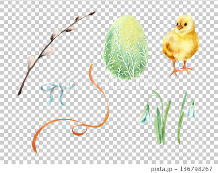 A set of hand-drawn watercolor illustrations in pastel colors on an Easter theme, isolated on a white background, for textiles, souvenirs, and postcard design. 136798267
