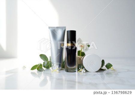 bottles with plants on a white table 136798629