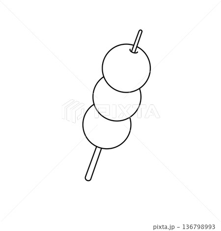 A skewer of three small round objects is shown in a black and white drawing 136798993
