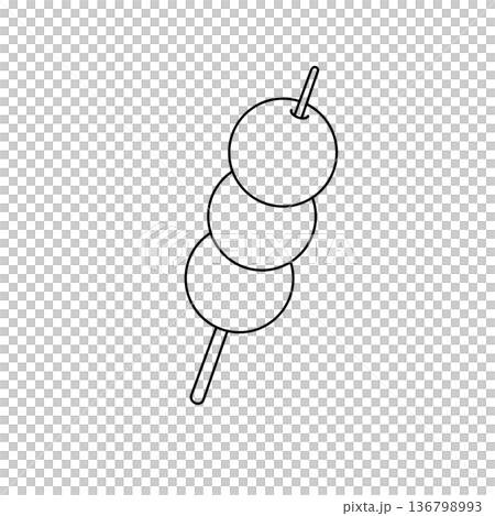 A skewer of three small round objects is shown in a black and white drawing A skewer of three small round objects is shown in a black and white drawing 136798993