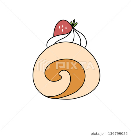 A cartoon drawing of a cake with a strawberry on top and a swirl of frosting A cartoon drawing of a cake with a strawberry on top and a swirl of frosting 136799023