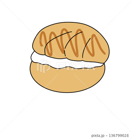A cartoonish looking pastry with a white filling and a brown topping 136799028