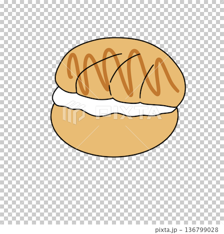 A cartoonish looking pastry with a white filling and a brown topping 136799028