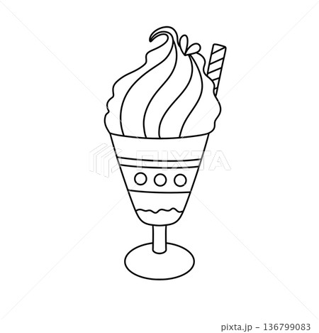 A cartoon drawing of a cup of ice cream with a straw in it 136799083