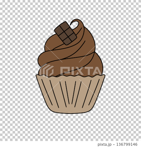 A chocolate cupcake with chocolate chips on top 136799146