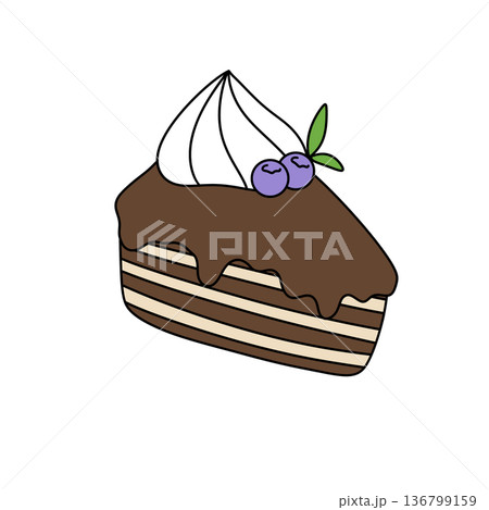 A slice of cake with whipped cream and blueberries on top A slice of cake with whipped cream and blueberries on top 136799159