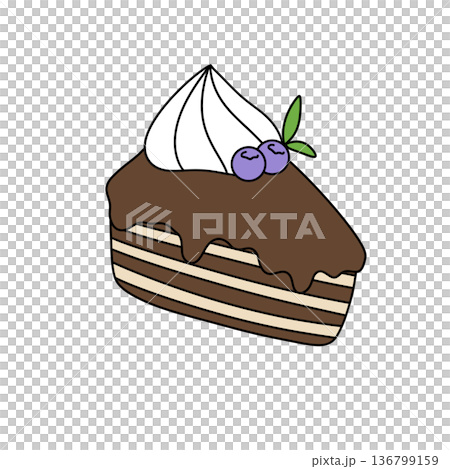 A slice of cake with whipped cream and blueberries on top 136799159