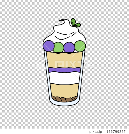 A cartoon drawing of a glass of dessert with a green leaf on top 136799235
