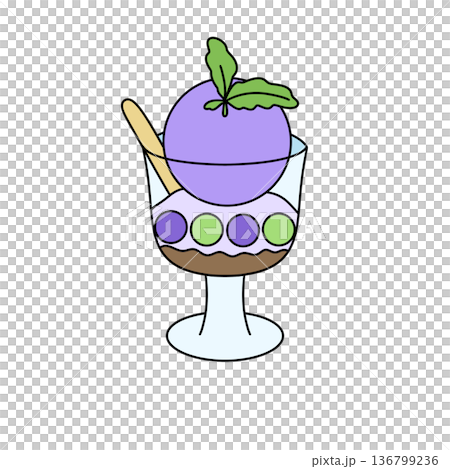A cartoon drawing of a glass of purple ice cream with a green leaf on top 136799236