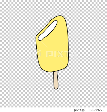 A yellow ice cream cone with a white stripe on top 136799279