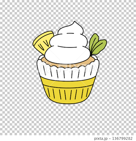 A yellow cupcake with a white frosting and a lemon slice on top A yellow cupcake with a white frosting and a lemon slice on top 136799282