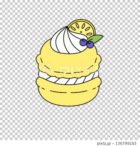 A yellow pastry with a lemon and blueberry on top A yellow pastry with a lemon and blueberry on top 136799283