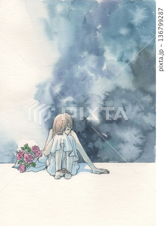 うずくまる女性とバラの花束と水彩の背景 うずくまる女性とバラの花束と水彩の背景 136799287