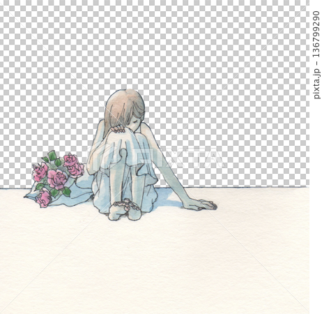 一位手捧玫瑰花束的蹲著的女子，背景模糊。 136799290