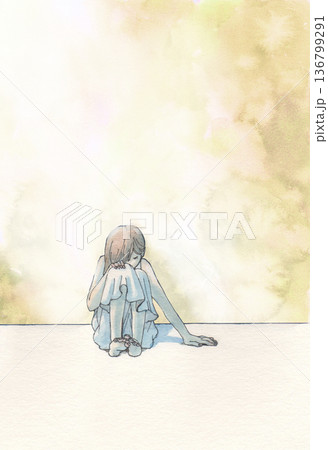 うずくまる女性と暖色の水彩の背景 うずくまる女性と暖色の水彩の背景 136799291