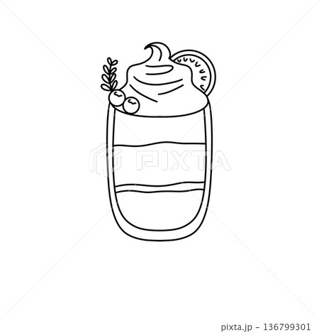 A cartoon drawing of a drink with whipped cream and a cherry on top 136799301