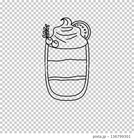 A cartoon drawing of a drink with whipped cream and a cherry on top 136799301