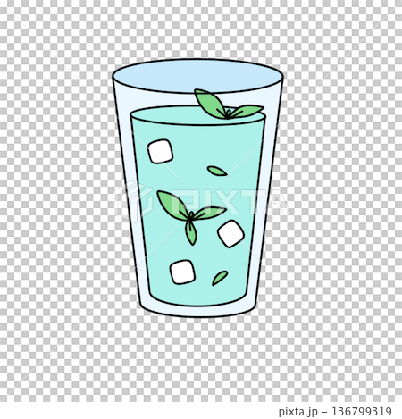 A cartoon drawing of a glass of water with ice cubes 136799319