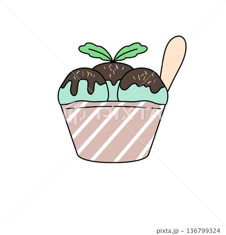 A cartoon drawing of a cupcake with three ice cream balls 136799324