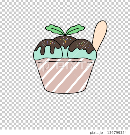 A cartoon drawing of a cupcake with three ice cream balls 136799324