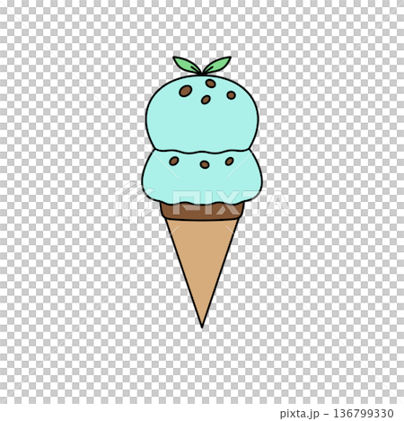 A cartoon ice cream cone with a green leaf on top 136799330