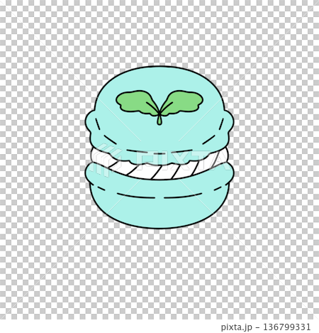 A blue pastry with a green leaf on top 136799331